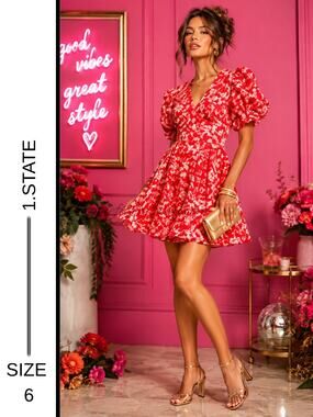 MSRP: $139 | ✨ 1.STATE Red Floral Puff Sleeve Mini Dress | Size 6 ✨QUICK SHIP